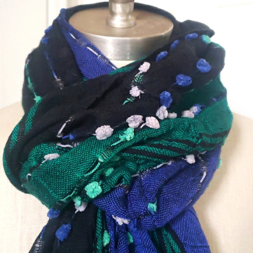 Oversized Infinity Scarf Black Blue Green Colorblock Textured Knit Pom Poms Cozy - Picture 3 of 7